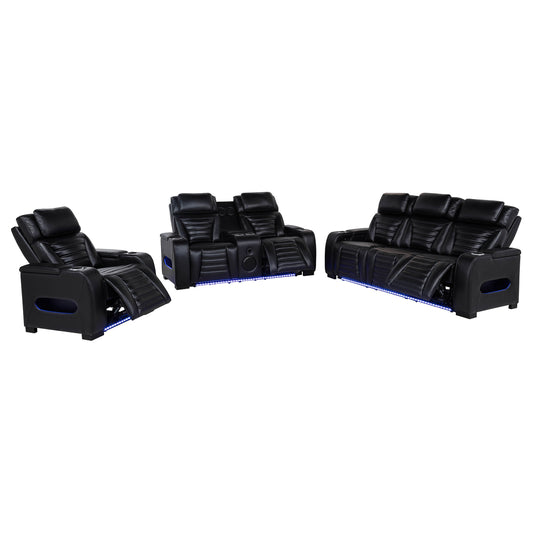 Zuma 3-piece Faux Leather Dual Power LED Sofa Set Black